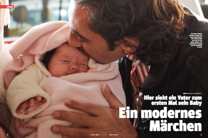 Der lang ersehnte Moment: Ammar hat seine zehn Wochen alte Tochter Alma noch nie im Arm halten können. (Foto: Heinz S. Tesarek)